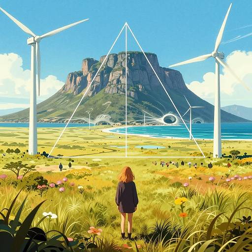 Digital art of a red-haired girl in a black dress, standing in a sunny field with wind turbines, facing a mountainous coastline. Bright blue sky
