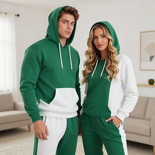 Photograph of a tall, muscular man and a slender woman with long blonde hair, both wearing green and white hoodies, standing in a bright,