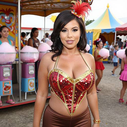 Photograph of a curvy Latina woman with long black hair, wearing a sequined red and gold heart-shaped top, brown skirt, and red feather