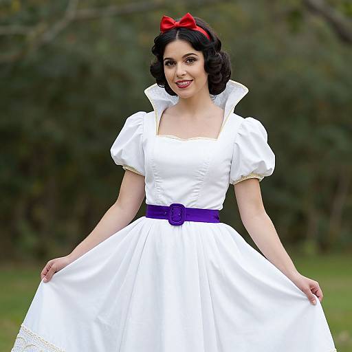 Digital artwork of a smiling woman with dark hair, red bow, white puffed-sleeve dress, purple belt, and forest background.