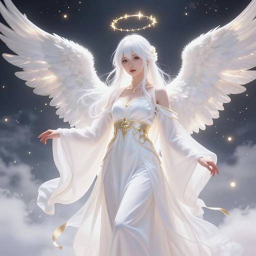 Digital artwork of a glowing white angel with large wings, halo, and flowing dress, set against a starry night sky.