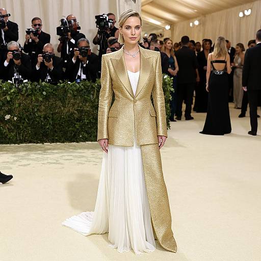 Photograph of a blonde woman in a gold sequin blazer and white pleated skirt, standing confidently at a glamorous event, surrounded by photographers and