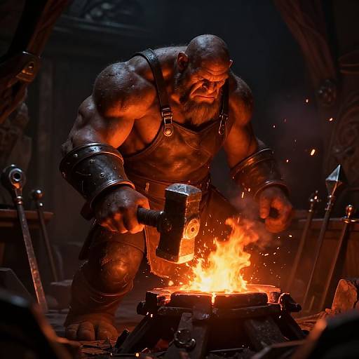 Muscular, bald, bearded blacksmith with leather armor hammers glowing orange forge, surrounded by dark, dimly lit medieval workshop. Photoreal
