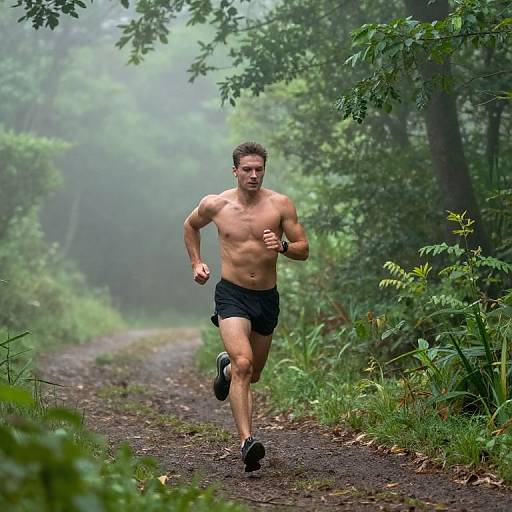 Photograph of a muscular, shirtless man with short brown hair, wearing black shorts and running shoes, jogging on a misty, forest trail surrounded
