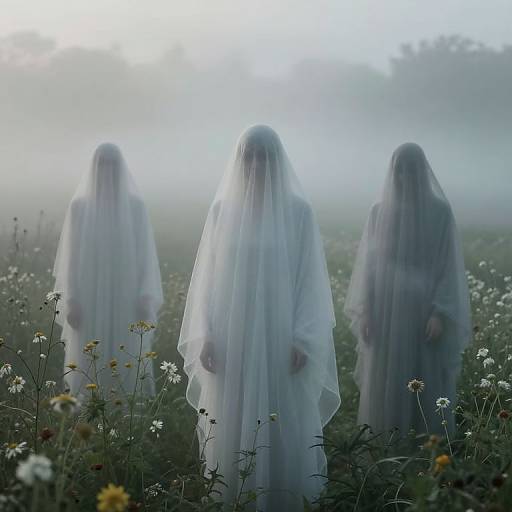 Ethereal Veiled Figures in Misty Field