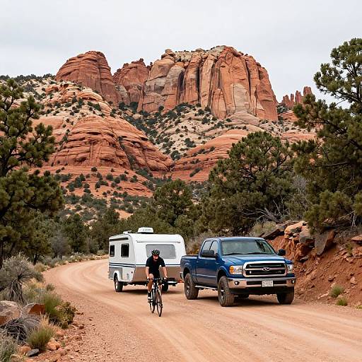 Photograph of a blue pickup truck towing a white trailer, with a cyclist in front, on a desert road with red rock mountains and pine trees in