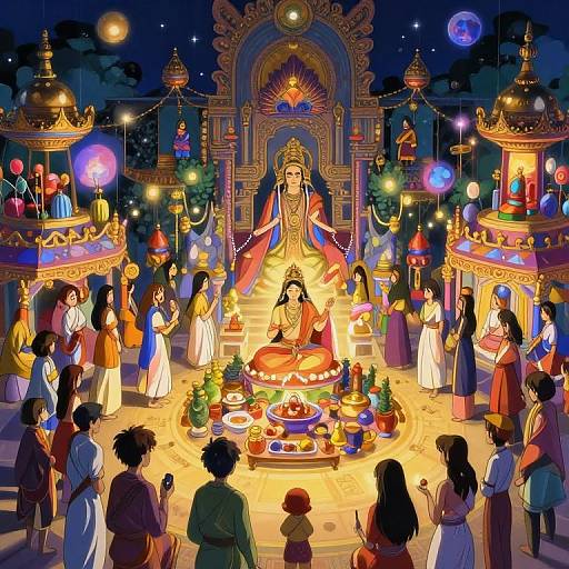 Vibrant digital painting of a nighttime Hindu temple ceremony, featuring a central goddess statue, surrounded by worshipers, colorful lamps, and ornate architecture