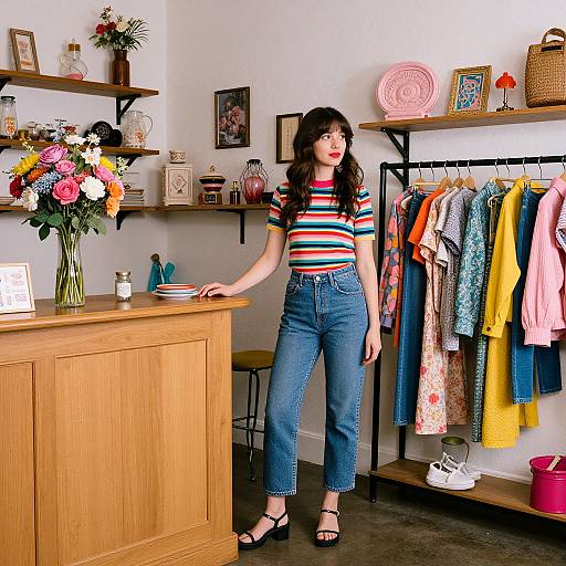 Photograph of a young woman with wavy brown hair, wearing a striped shirt and blue jeans, standing in a colorful boutique with shelves of flowers,