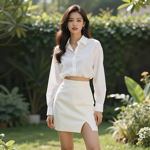 Stylish Woman in White Outfit in Garden