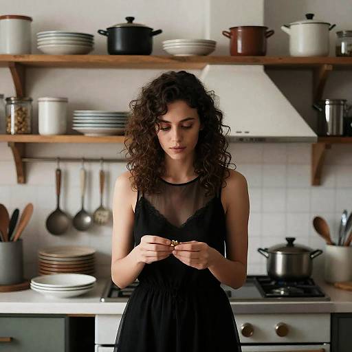 Focused Woman in Vintage Kitchen Setting