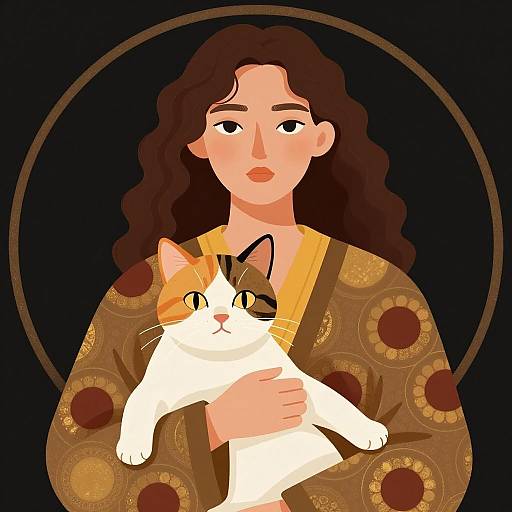 Woman with Calico Cat in Patterned Robe