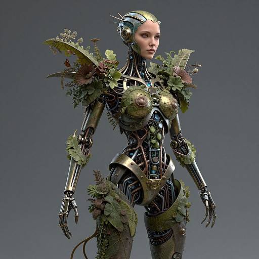 Digital artwork of a futuristic, humanoid robot with metallic armor adorned with green foliage, feathers, and metallic accents, standing against a gray gradient background.