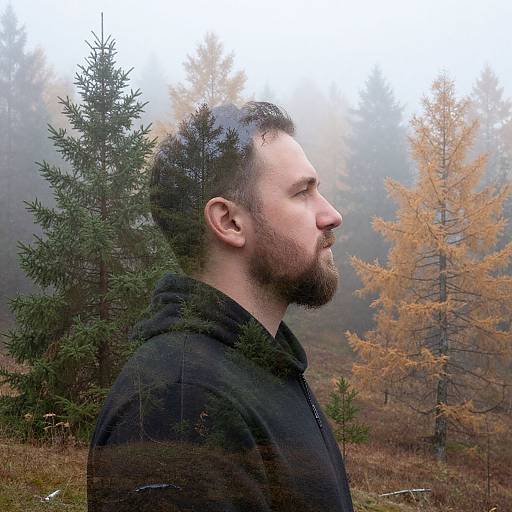 Photograph of a bearded man in profile, wearing a black hoodie, standing in a misty forest with evergreen and autumn trees.