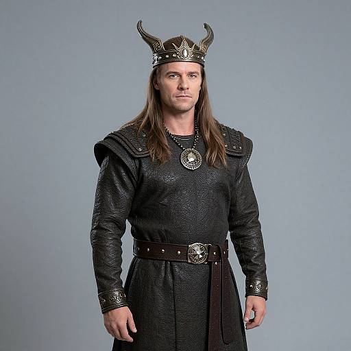 Photograph of a muscular, fair-skinned man with long brown hair, wearing a silver-crowned Viking helmet and black, textured, medieval-style t