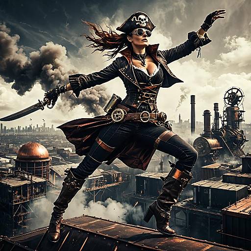 Steampunk Sky Pirate on Industrial Rooftop