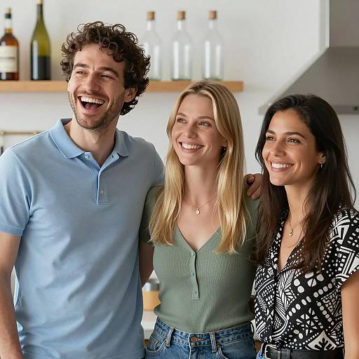 Happy friends smiling together in kitchen