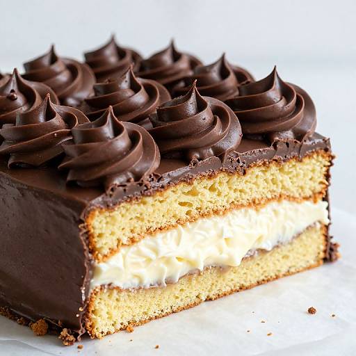 Photograph of a chocolate cake slice with two layers of yellow sponge, creamy filling, and swirled dark chocolate frosting on top.