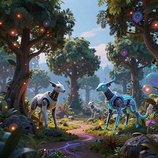 Fantastical forest scene with glowing, cybernetic unicorns under enchanted trees, surrounded by luminescent orbs and vibrant, magical foliage. Digital