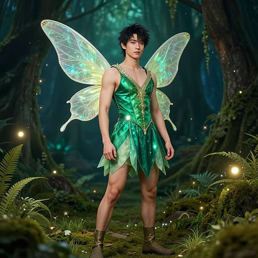 Photograph of an Asian man with spiky black hair, wearing a green fairy costume with iridescent wings, standing in a magical forest illuminated by