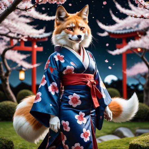 Vibrant Kitsune Portrait in Moonlit Garden