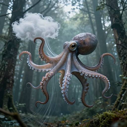 Photorealistic digital artwork of a giant octopus with a cloud of white smoke emerging from its tentacles, floating in a dense, misty forest