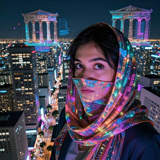 Photograph of a woman with dark hair, wearing a neon-patterned scarf covering her mouth, standing in a brightly lit, neon-lit cityscape