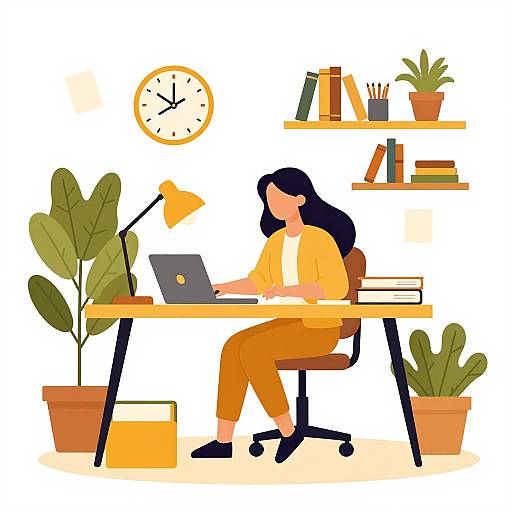 Digital illustration of a woman with long black hair, wearing an orange top and pants, working on a laptop at a desk with plants, a lamp,