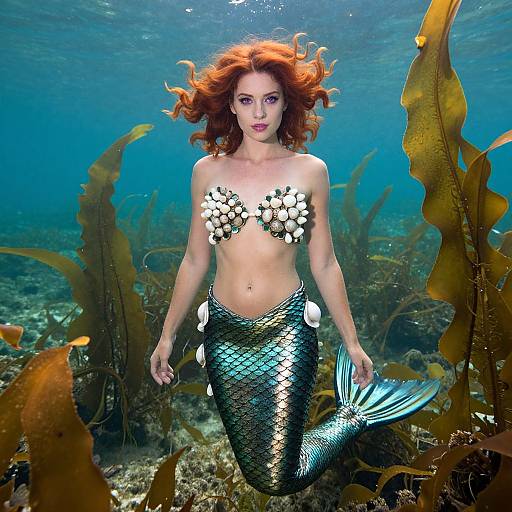Photograph of a red-haired mermaid with white seashell bra, shimmering silver fish-scale tail, underwater surrounded by brown seaweed.