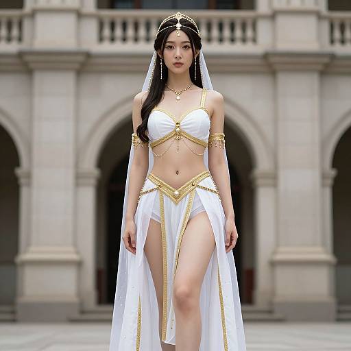 Digital art of an Asian woman with long black hair, wearing a white, gold-accented bikini and veil, walking in a stone courtyard.