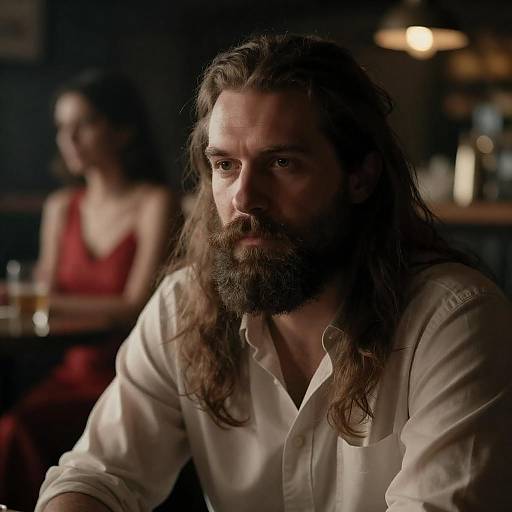 Pensive Man with Beard in Dimly Lit Bar