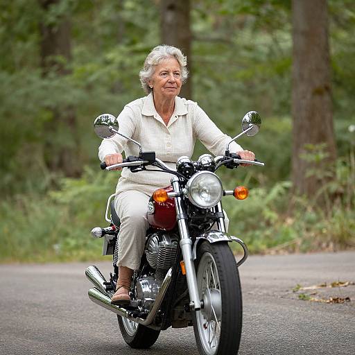 Photograph of an older woman with gray hair riding a red motorcycle on a forest road, wearing a white shirt and pants.