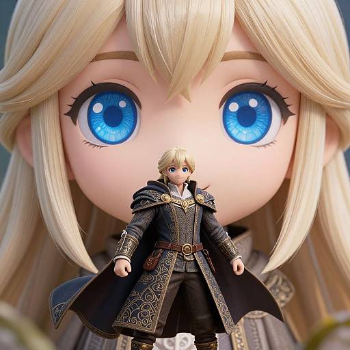 Photorealistic 3D CGI: Chibi anime girl with large blue eyes and blonde hair dominates the foreground, with a detailed, armored blond male