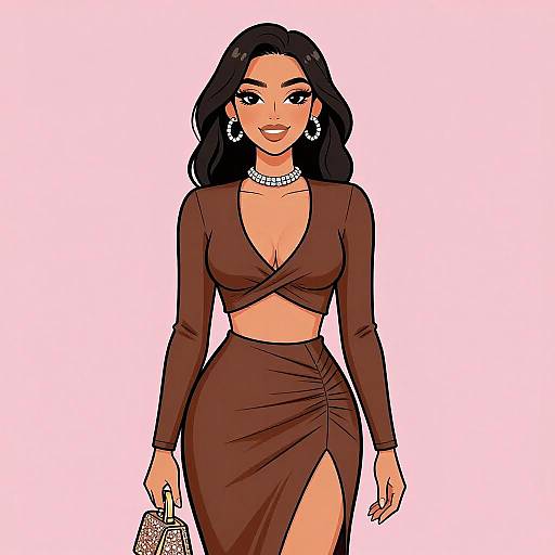 Digital illustration of a confident woman with long black hair, wearing a brown, long-sleeve, deep V-neck dress with a thigh-high slit,