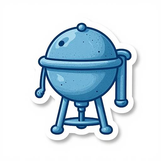 Cartoon-style digital drawing of a blue, round, lid-covered grill with two arm-like handles and three-legged stand, featuring a glossy texture and shadow