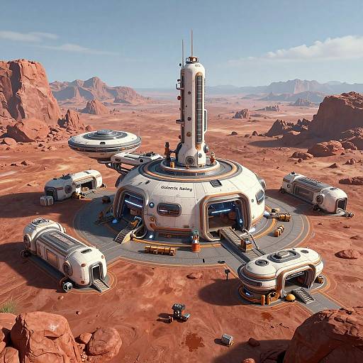 Photorealistic CGI of a futuristic space station named 