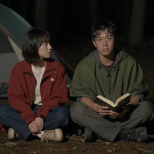 Two People Sitting at Night in Forest Campsite