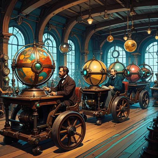 Steampunk Inventors with Ornate Spheres in Workshop