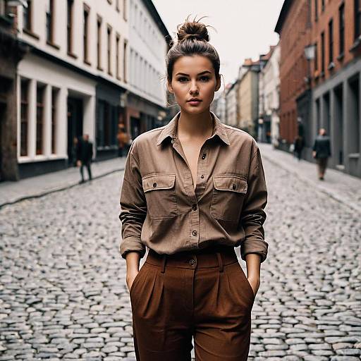 Young woman in brown casual outfit on cobblestone street