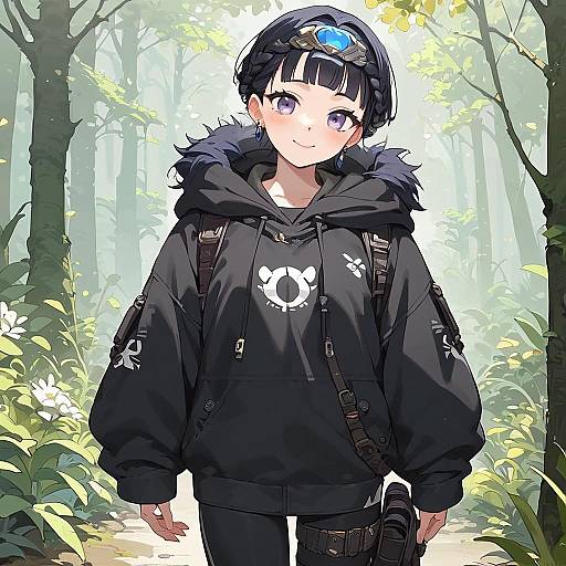 Anime Girl in Forest with Hoodie