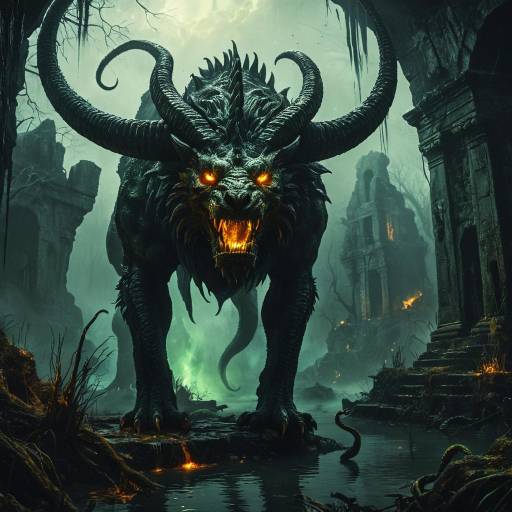 Fantasy Chimera in Murky Swamp Ruins