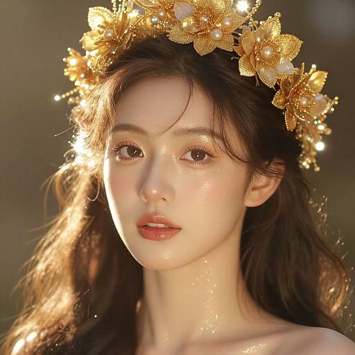 Photograph of an ethereal Asian woman with glowing skin, brown eyes, and long brown hair, wearing a golden flower crown, bathed in warm