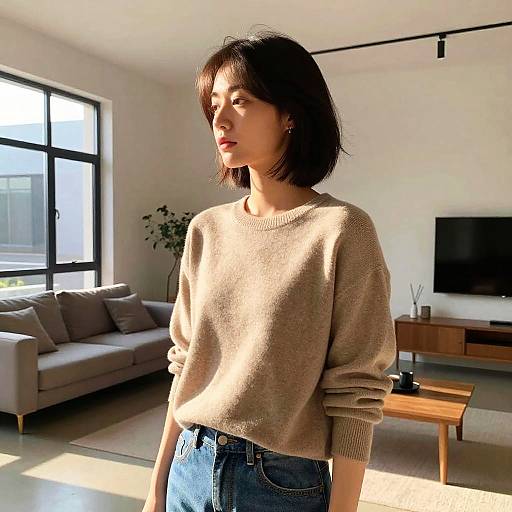 Photograph of a young Asian woman with short black hair, wearing a beige sweater and blue jeans, standing in a sunlit modern living room with a