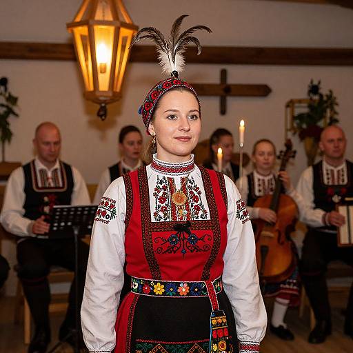Photograph of a young woman in traditional Eastern European folk dress with red and black embroidered blouse and apron, white blouse, feathered headpiece,