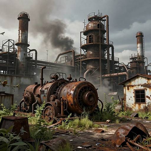 Photograph of a dilapidated, rusted industrial factory with smoke billowing from tall chimneys, overgrown with weeds, under a cloudy sky