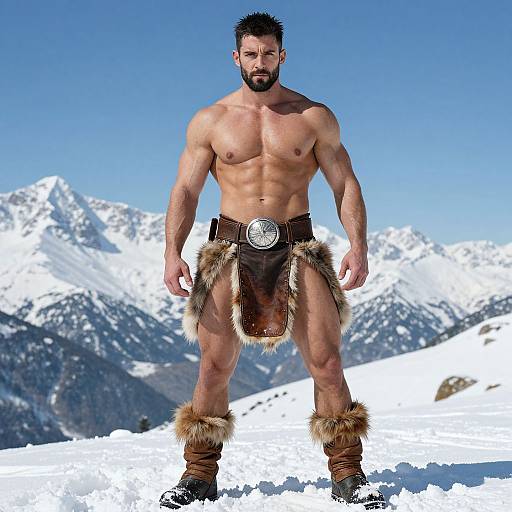 Muscular Warrior in Snowy Mountains