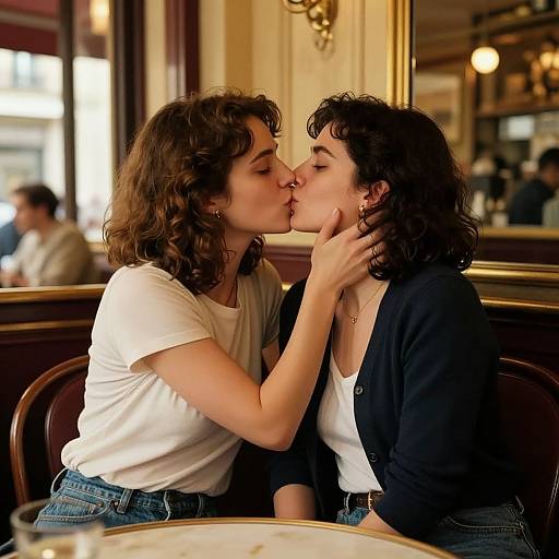 Tender Lesbian Kiss in Vintage Café
