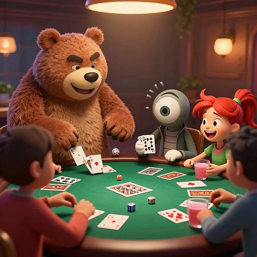 CGI image of a furry bear, a wide-eyed robot, and two children playing cards in a dimly lit, cozy room.