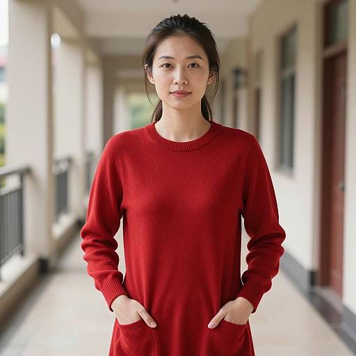 Asian Woman in Red Sweater Dress Indoors