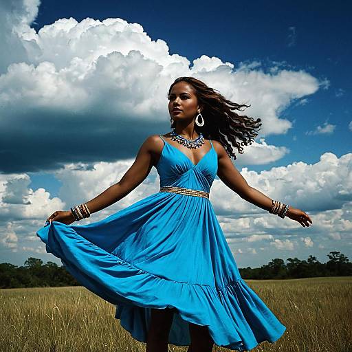 Woman Dancing in Blue Dress Outdoors