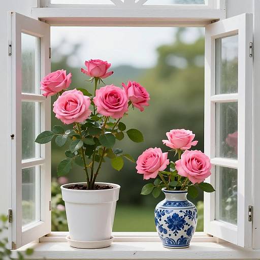 Photograph of pink roses in a white pot and blue floral vase, placed on a sunlit window ledge with open white shutters, green blurred garden